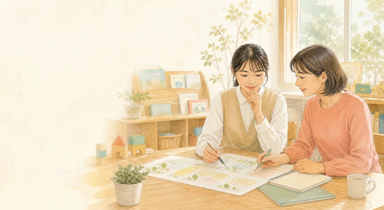 園の情報を一緒に確認する二人の保育者